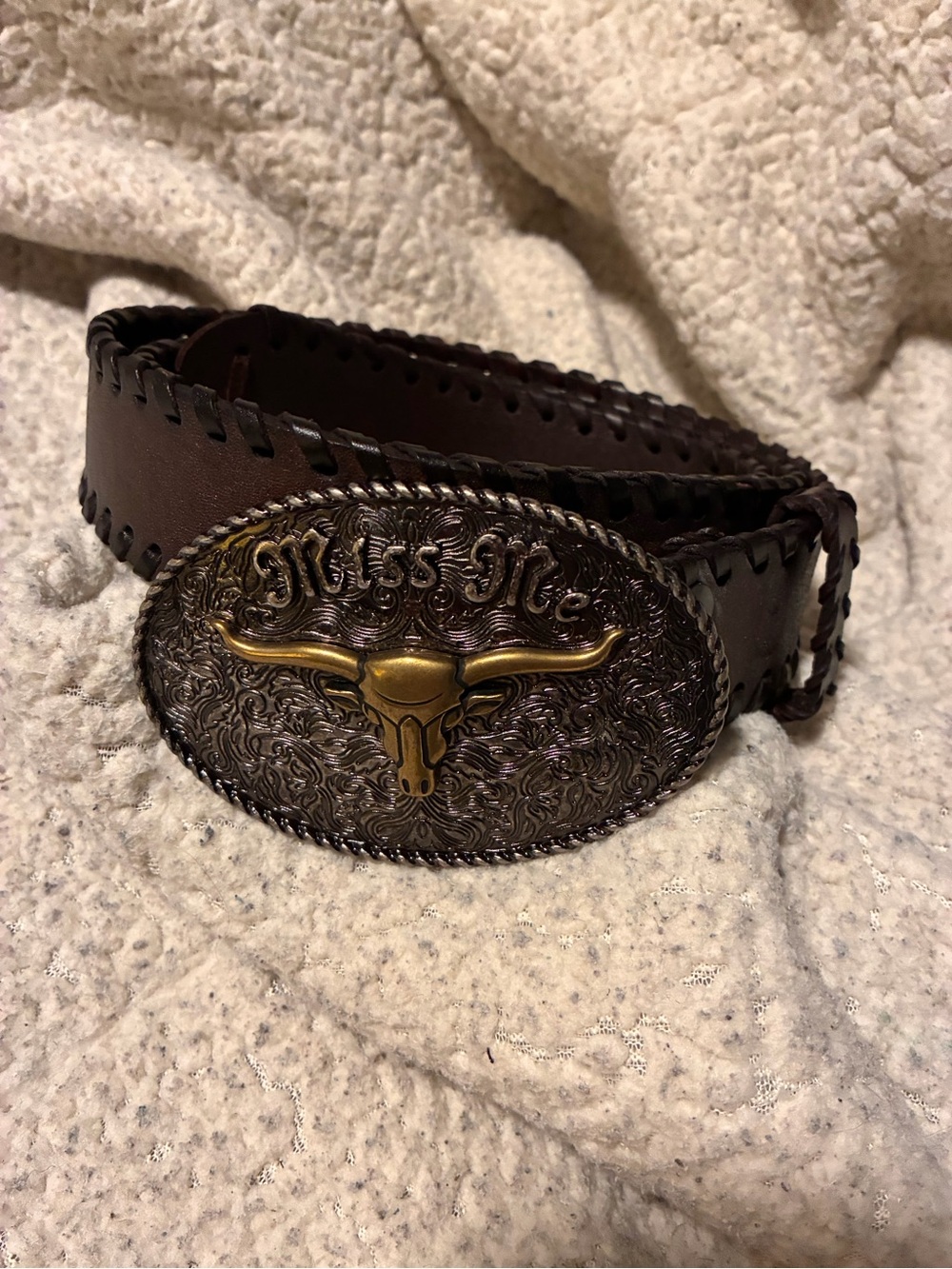 Miss Me Brown Leather Belt with Brass Longhorn Buckle,size large,genuine leather